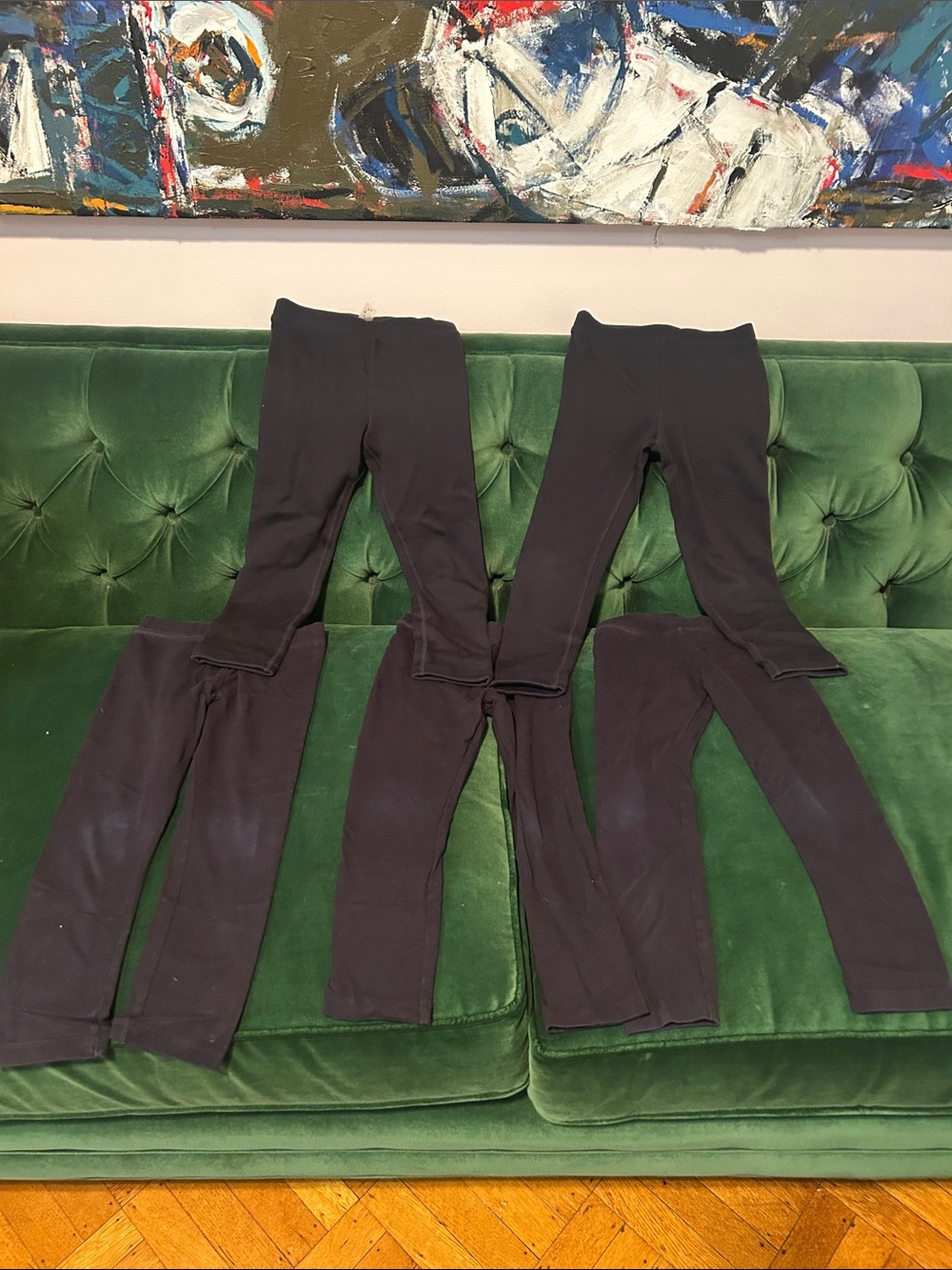 FIVE pairs of Primary Black Leggings — three regular, two super thick, size 5